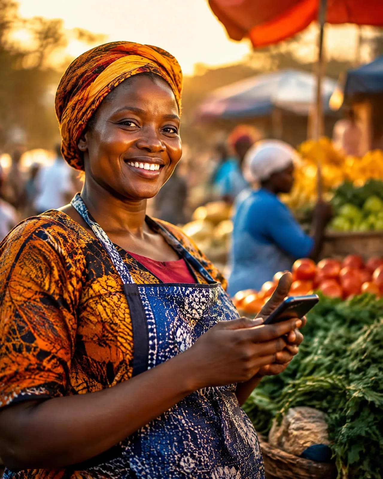 A market trader smiling as she checks a payment on her phone
